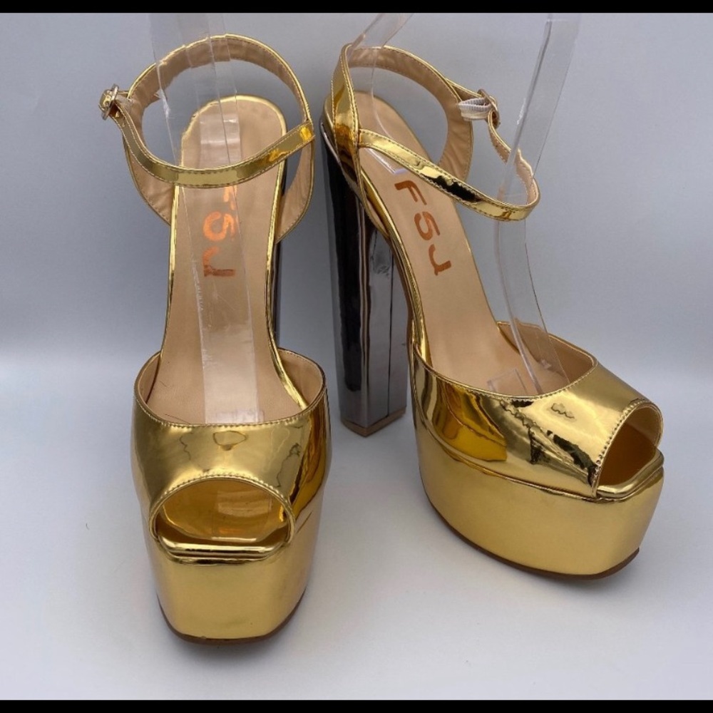 FSJ Silver Gold Metallic Platform Sandals Ankle
